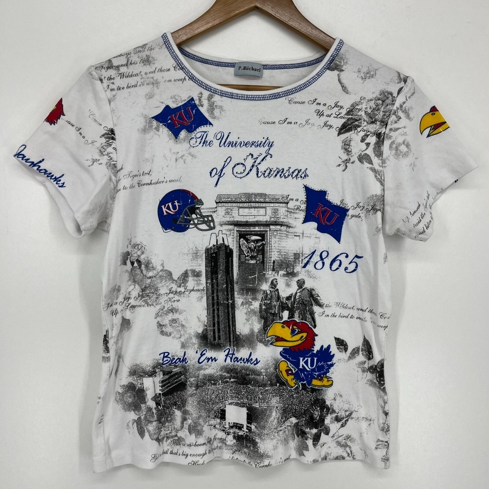 P. Michael T-Shirt Women's M White University Of Kansas KU Jayhawks Vintage 90's